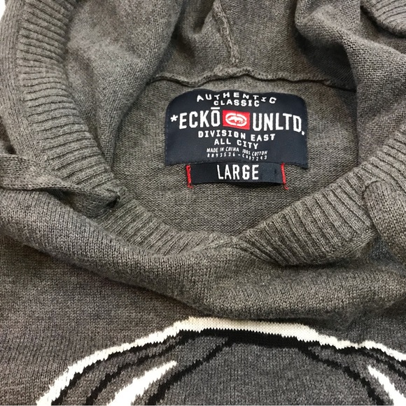 Ecko Unltd. Vintage gray knit hoodie size large, rare unique skull graphic, - Picture 4 of 6